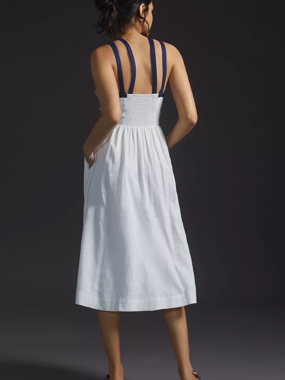 Maeve Strappy Button-Front White Midi Button-Front Dress with Navy Straps Sz 8 - Picture 5 of 16